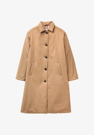 Beige lange jas met een geruite kraagvoering, vijf zwarte knopen aan de voorkant en twee verticale zijzakken.