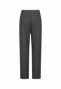 Gray pinstriped trousers with a tailored fit, featuring a straight leg, subtle texture, and a single back pocket.
