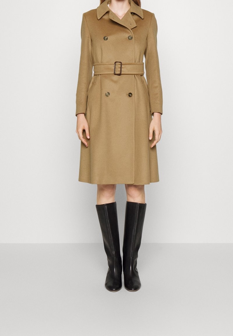 Femme portant un manteau camel longueur genoux avec ceinture et boutons croisés, associé à des bottes noires hautes jusqu’aux genoux, debout devant un fond uni.