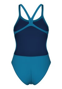 Baddräkt i ett stycke med racerback-band och färgblockdesign i mörkblått och teal.