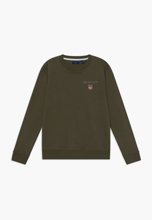 Sweatshirt vert olive en mélange de coton, doté d'un col rond, de manches longues, de poignets côtelés et d'un petit logo brodé avec blason.
