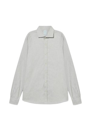 Chemise à manches longues gris clair avec un col, fabriquée dans un tissu texturé, comportant cinq boutons sur le devant et des poignets boutonnés.