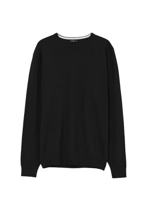 Maglione nero a maniche lunghe con collo rotondo, dotato di polsini e orlo a coste, esposto su uno sfondo bianco.