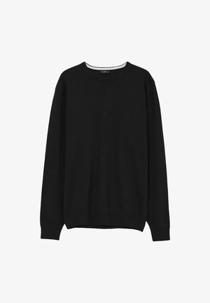 Maglione nero a maniche lunghe con collo rotondo, dotato di polsini e orlo a coste, esposto su uno sfondo bianco.