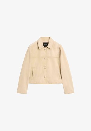 Beige Wildlederjacke mit Kragen, vorderen Knöpfen und zwei seitlichen Taschen. Verfügt über ein leicht verkürztes Design und einfache Nähte.