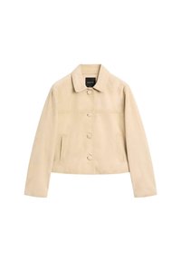 Beige suède jas met een kraag, knopen aan de voorkant en twee zijzakken. Heeft een licht cropped ontwerp en eenvoudige stikdetails.