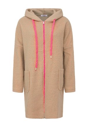 Beiger langer Kapuzenmantel aus strukturiertem Stoff, mit knallpinken Reißverschluss und Kordelzügen sowie zwei aufgesetzten Vordertaschen.