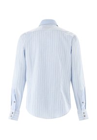 Langärmliges Hemd mit Knöpfen in Hellblau mit weißen Streifen. Verfügt über einen klassischen Kragen und Knopfmanschetten. Glatte Textur und lässiger Schnitt.