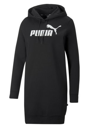 Czarna sukienka z długim rękawem i kapturem, z białym logo Puma i napisem na piersi, ściągaczami na rękawach i regulowanym kapturem.