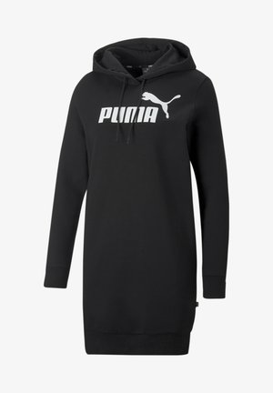 Czarna sukienka z długim rękawem i kapturem, z białym logo Puma i napisem na piersi, ściągaczami na rękawach i regulowanym kapturem.
