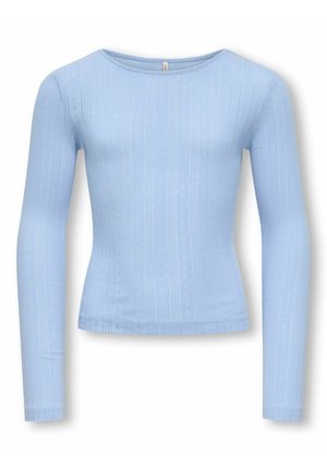 Light blue long-sleeve knit top with subtle vertical lace patterns and a round neckline, fitted at the waist.