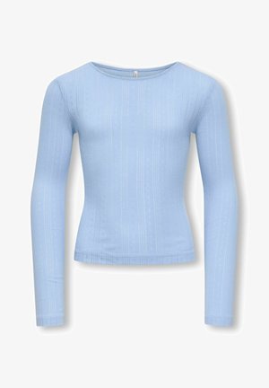 Light blue long-sleeve knit top with subtle vertical lace patterns and a round neckline, fitted at the waist.