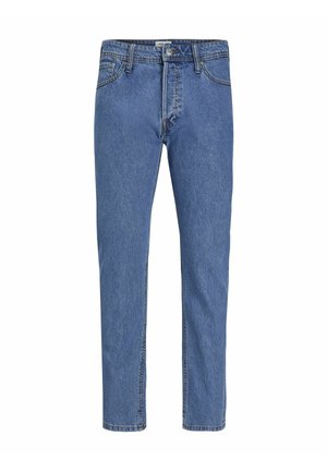 Blue straight-leg denim jeans with front button and zipper closure, belt loops, and classic five-pocket design.