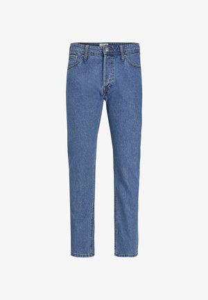 Blue straight-leg denim jeans with front button and zipper closure, belt loops, and classic five-pocket design.