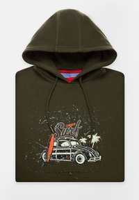Oliwkowa bluza z kapturem z grafiką z przodu, przedstawiającą klasyczny samochód, deskę surfingową i palmy. Ribbone mankiety i kaptur ze sznurkiem.
