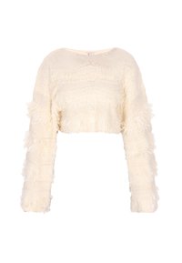 Maglione corto color crema con un design testurizzato che presenta motivi lavorati a maglia e dettagli frangiati sulle maniche e sul corpo.