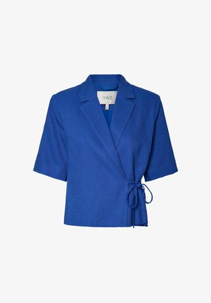 Blå linned wrap blazer med reverskrave, korte ærmer og bindebånd i taljen. Glat tekstur og ensfarvet design.