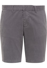 Pantaloni corti grigi in cotone a lunghezza ginocchio con passanti per cintura, tasche anteriori e chiusura con cerniera nascosta.