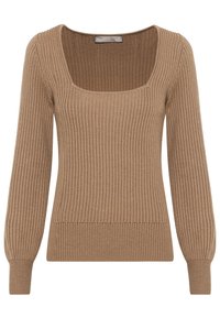 Brauner Strickpullover mit quadratischem Ausschnitt, langen Ärmeln und gerippter Textur. Hat elastische Bündchen und einen Saum.