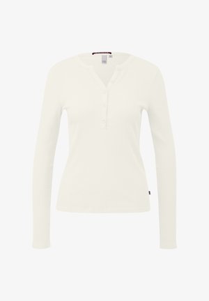 Wit henley T-shirt met lange mouwen, geribbelde textuur, drieknops plooi, ronde hals, smalle pasvorm en klein logodetail aan de zoom.