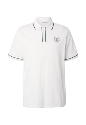 Polo blanc à manches courtes avec bordures vertes sur le col et les manches, patte de boutonnage, et un petit logo de couronne de laurier brodé sur la poitrine.