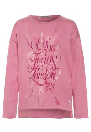 Felpa a maniche lunghe di colore rosa con collo rotondo, con la scritta "Pepe Jeans London 73" e dettagli grafici bianchi e rosa scuro, logorati, sul davanti.