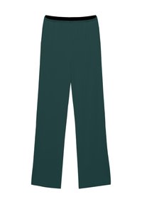 Niebieskie spodnie o szerokich nogawkach z czarną elastyczną talią, wykonane z miękkiego, gładkiego materiału. Charakteryzują się prostym, nieozdobionym wzorem.