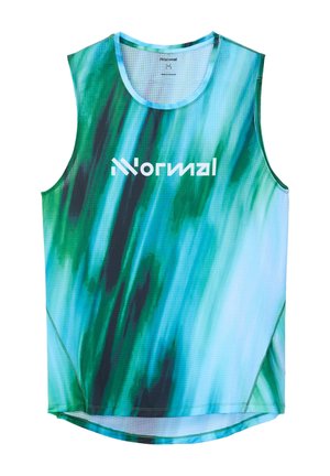 Mouwloos sporttanktop in een blauw-groene gradient met een patroon in reliëf. Heeft een ronde halslijn en het "Normal"-logo in wit.