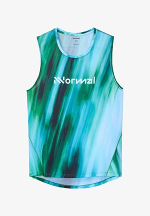 Mouwloos sporttanktop in een blauw-groene gradient met een patroon in reliëf. Heeft een ronde halslijn en het "Normal"-logo in wit.