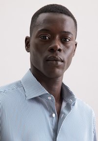 Blauw-wit gestreept shirt met een puntkraag en knoopsluiting. Gemaakt van lichte stof met een gladde textuur.