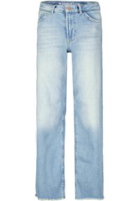 Světle modré džíny širokého střihu z denimu s vybledlými detaily, roztrhaným lemem, standardním pětináprsním designem a zapínáním na knoflík a zip.