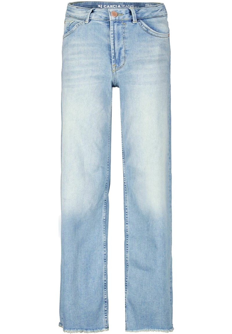 Světle modré džíny širokého střihu z denimu s vybledlými detaily, roztrhaným lemem, standardním pětináprsním designem a zapínáním na knoflík a zip.