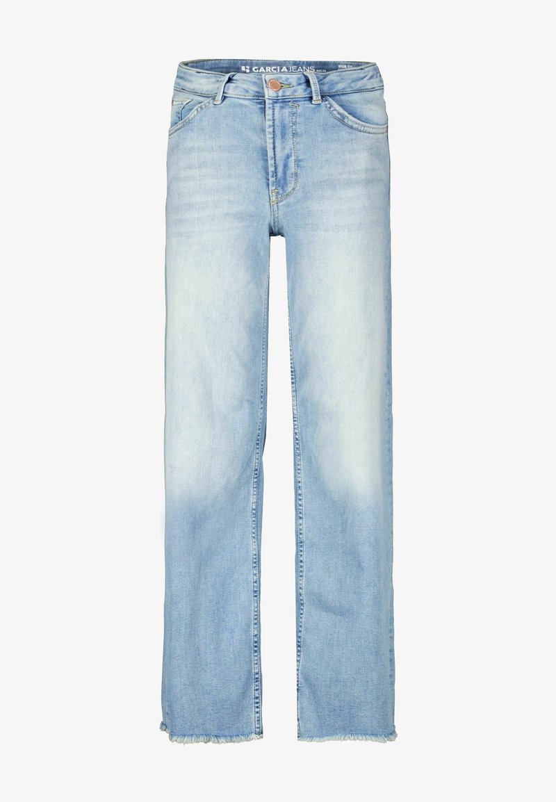 Světle modré džíny širokého střihu z denimu s vybledlými detaily, roztrhaným lemem, standardním pětináprsním designem a zapínáním na knoflík a zip.