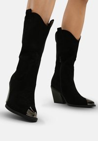 Botas de vaquero de ante negro con un diseño recortado, punta afilada y acentos metálicos en la puntera. Presentan un tacón cuña y bordados decorativos.