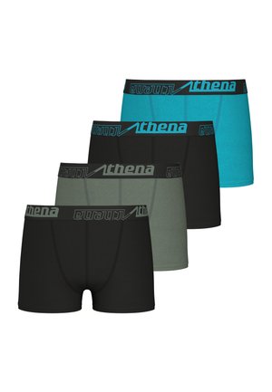 Quatre boxers pour hommes en noir, gris, noir et turquoise, chacun avec une ceinture noire portant la marque "Athena" en couleurs contrastantes.