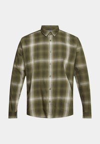 Khaki plaid button-up shirt made of soft fabric, featuring a standard collar, long sleeves, and a button-down front with contrasting stripes.