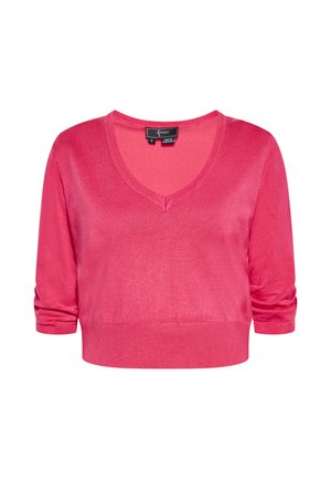 Rózsaszín V nyakú, crop fazonú pulóver háromnegyedes ujjal, sima anyagból készült, szűk szabású deréknál, diszkrét fényű.
