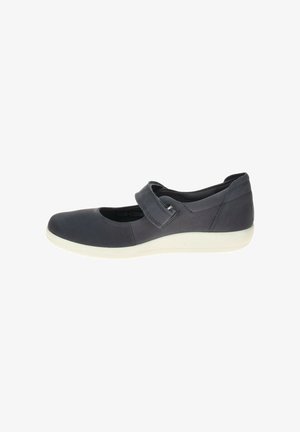 Black Mary Jane shoe with adjustable strap and white sole, designed for casual or comfort wear.