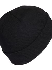 Bonnet en tricot noir avec une couronne ronde, design sans couture et un ourlet côtelé texturé. Le tissu semble doux et extensible.