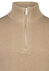 Beige gerippter Rollkragenpullover mit einem halblangen Reißverschluss an der Vorderseite. Hergestellt aus strukturiertem Stoff und zeichnet sich durch eine figurbetonte Passform aus.