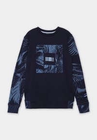 Felpa blu navy con motivi tropicali sulle maniche e sul petto, con il logo ripetuto "O'Neill" in bianco all'interno di un quadrato decorato.