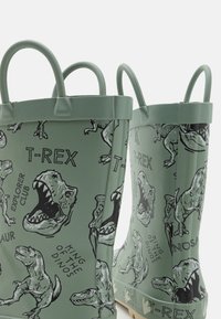Zelene gumijaste dežne čevlje z različnimi črnimi ilustracijami T-Rexa in besedilom, opremljene z dvema ročajema za enostavno prenašanje.