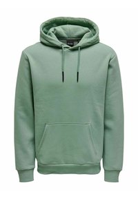 Haut à capuche vert en tissu doux avec une poche avant, capuche réglable par cordon de serrage, et bords côtelés au niveau des poignets et de l'ourlet. Texture lisse et design simple.