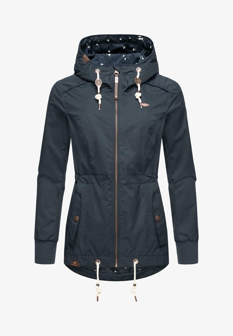 Dark blue jacket with a zip front, hood, and drawstrings. Features two side pockets, ribbed cuffs, and accents in light brown.