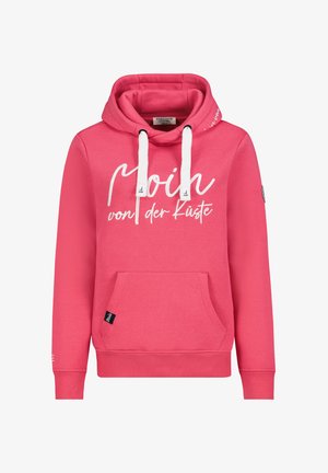 Rosa Kapuzenpullover mit weißen Kordeln und Fronttasche, mit dem Schriftzug "Moin von der Küste". Glattes Baumwollmischgewebe.