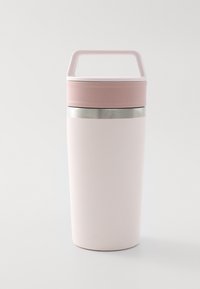Pink, stainless steel insulated travel mug with a cylindrical shape, smooth matte finish, and a handle on the lid.