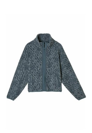 Short jacket in dark blue with a textured, patterned fabric. Features a stand collar and full front zipper, with two side pockets.
