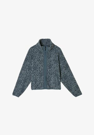 Short jacket in dark blue with a textured, patterned fabric. Features a stand collar and full front zipper, with two side pockets.