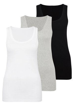 Three tank tops laid flat, featuring white, gray, and black colors. Made of soft fabric with a scoop neckline and no embellishments.