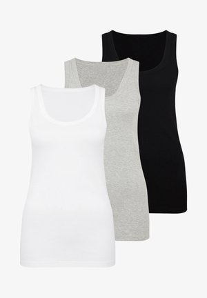 Three tank tops laid flat, featuring white, gray, and black colors. Made of soft fabric with a scoop neckline and no embellishments.